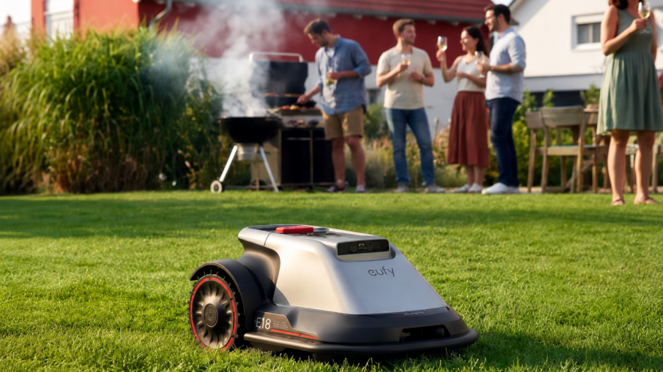 Robot mower mowing a lawn during a garden barbecue