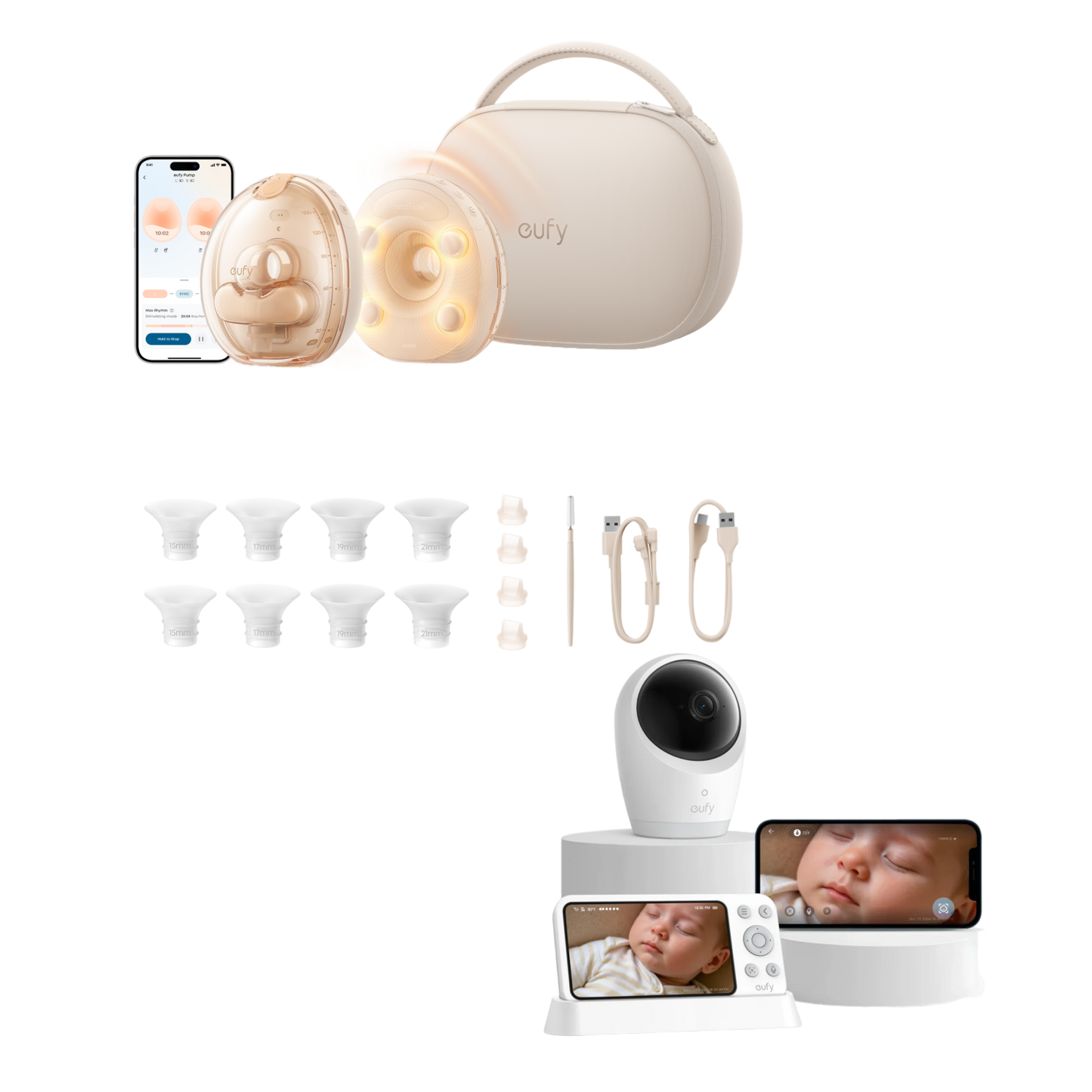 eufy S2 Pro Massaging Heated Electric Breast Pump with Charging Case + eufy Baby Monitor E21